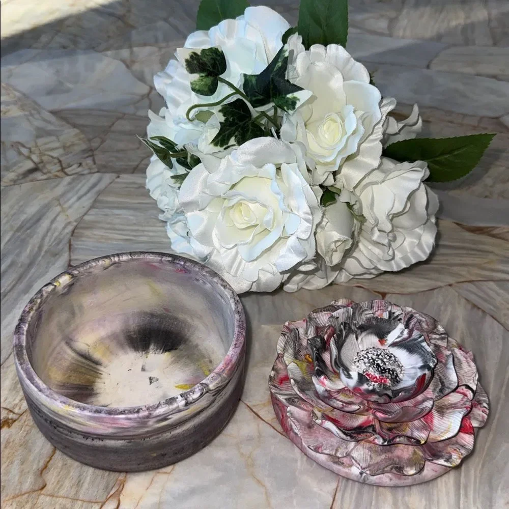 Floral Ceramic Jewelry Box - Pink and Gray